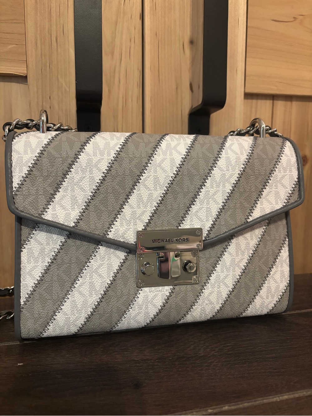 Michael Kors Gray and White Diagonal Stripe Shoulder Bag